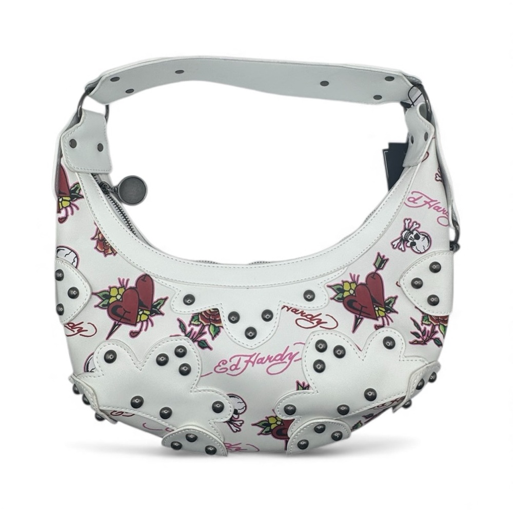 Ed Hardy White Hobo Bag with Heart Designs